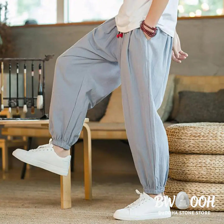 Buddha Stones Plain Color Red Drawstring Linen Men’s Pants With Pockets - Men’s Pants