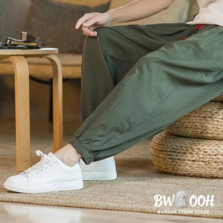 Buddha Stones Plain Color Red Drawstring Linen Men’s Pants With Pockets - Men’s Pants