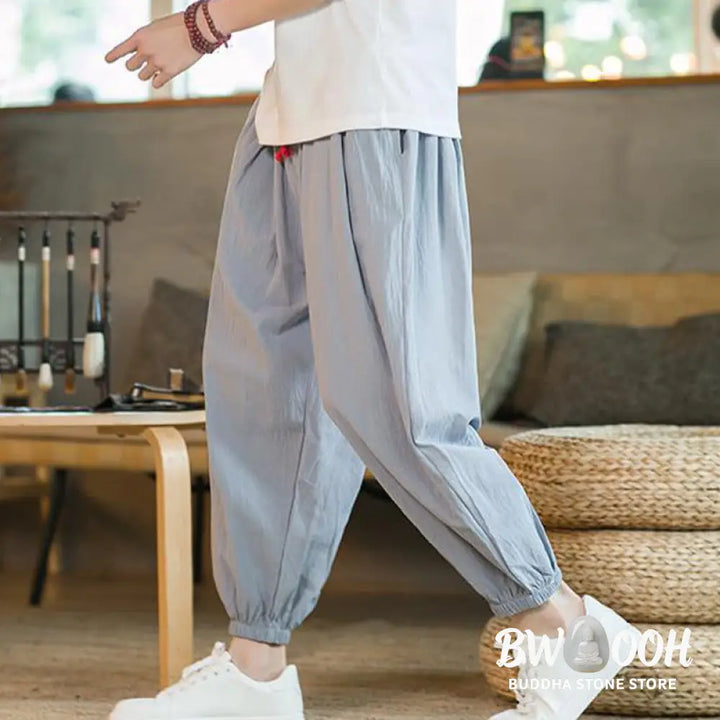 Buddha Stones Plain Color Red Drawstring Linen Men’s Pants With Pockets - Men’s Pants