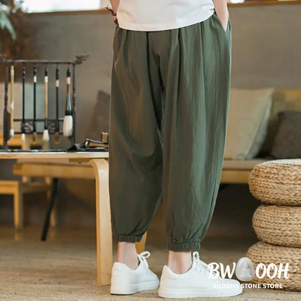 Buddha Stones Plain Color Red Drawstring Linen Men’s Pants With Pockets - Men’s Pants