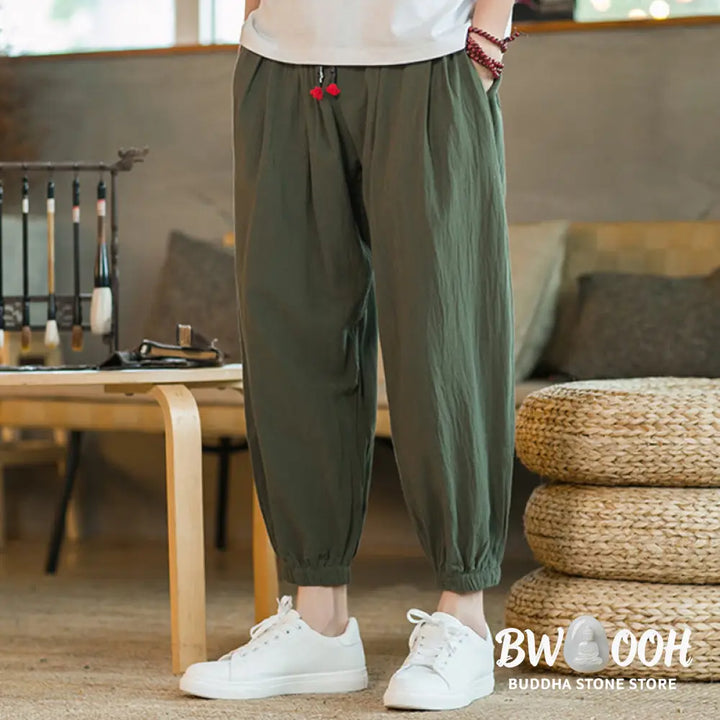 Buddha Stones Plain Color Red Drawstring Linen Men’s Pants With Pockets - Men’s Pants