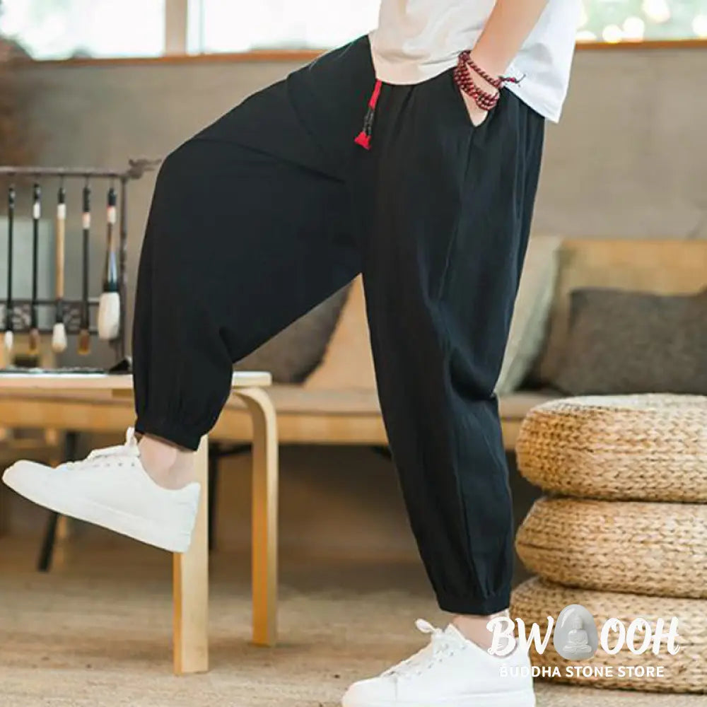 Buddha Stones Plain Color Red Drawstring Linen Men’s Pants With Pockets - Men’s Pants