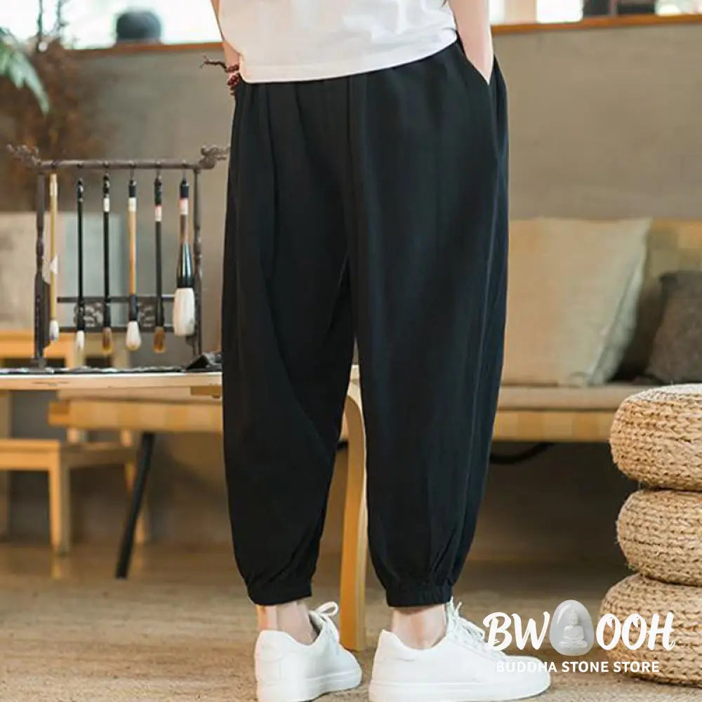 Buddha Stones Plain Color Red Drawstring Linen Men’s Pants With Pockets - Men’s Pants