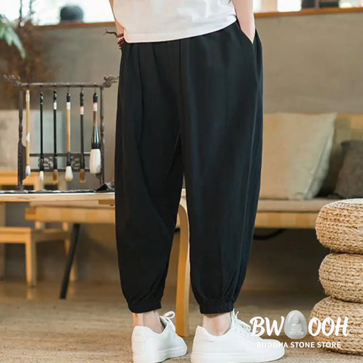 Buddha Stones Plain Color Red Drawstring Linen Men’s Pants With Pockets - Men’s Pants