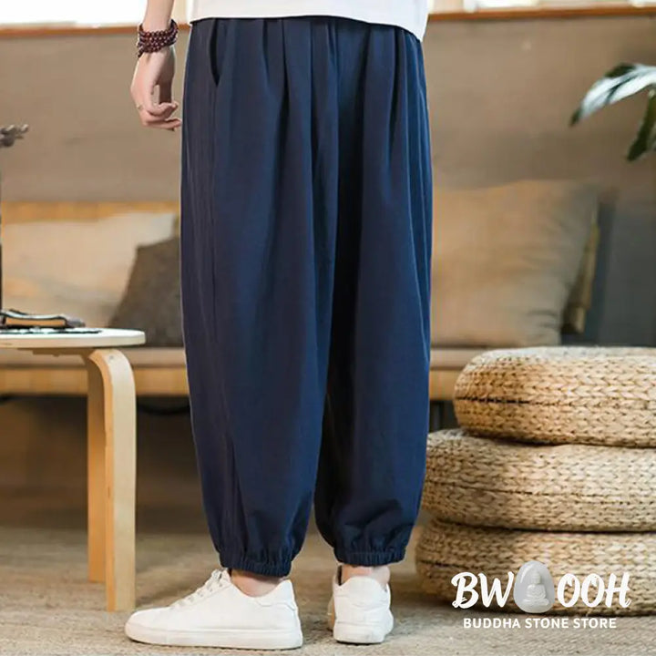 Buddha Stones Plain Color Red Drawstring Linen Men’s Pants With Pockets - Men’s Pants