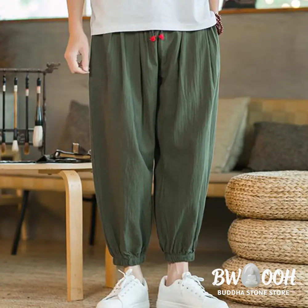 Buddha Stones Plain Color Red Drawstring Linen Men’s Pants With Pockets - Men’s Pants
