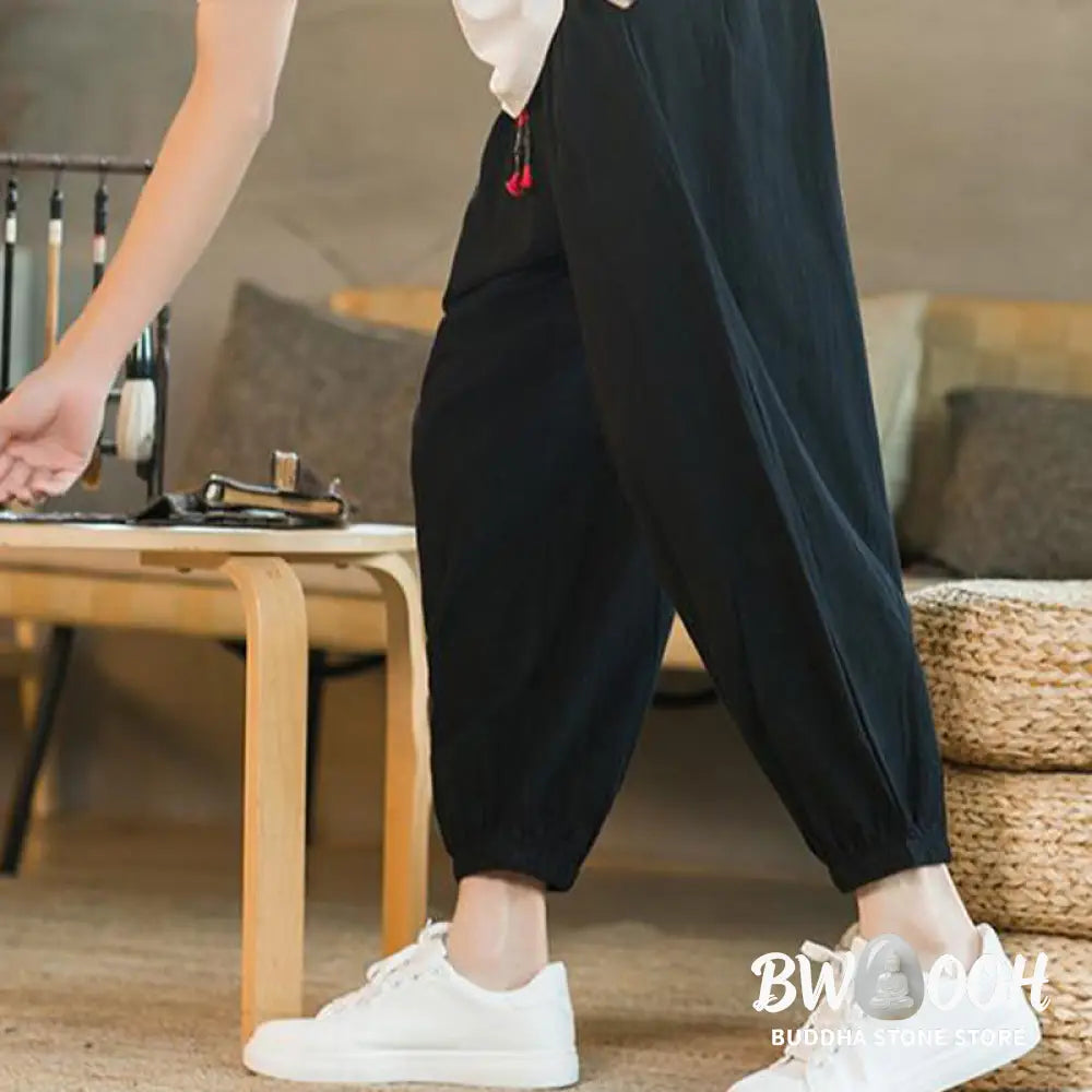 Buddha Stones Plain Color Red Drawstring Linen Men’s Pants With Pockets - Men’s Pants