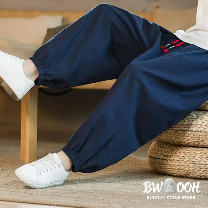 Buddha Stones Plain Color Red Drawstring Linen Men’s Pants With Pockets - Men’s Pants