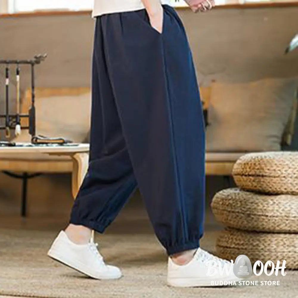 Buddha Stones Plain Color Red Drawstring Linen Men’s Pants With Pockets - Men’s Pants