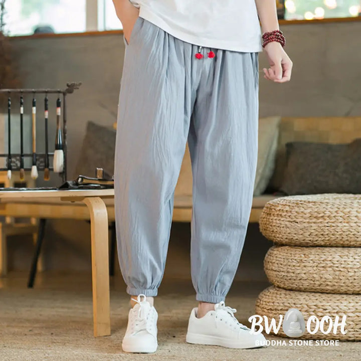Buddha Stones Plain Color Red Drawstring Linen Men’s Pants With Pockets - Men’s Pants