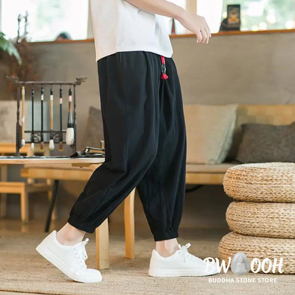 Buddha Stones Plain Color Red Drawstring Linen Men’s Pants With Pockets - Men’s Pants