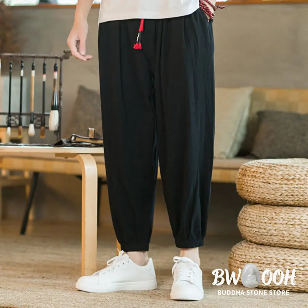 Buddha Stones Plain Color Red Drawstring Linen Men’s Pants With Pockets - Men’s Pants