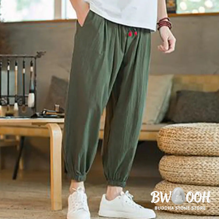 Buddha Stones Plain Color Red Drawstring Linen Men’s Pants With Pockets - Men’s Pants