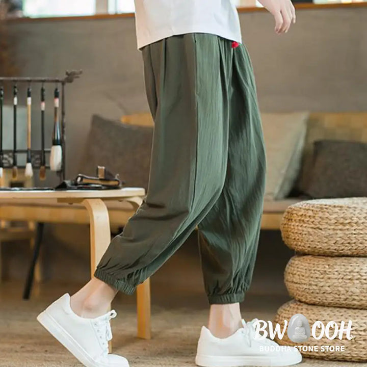Buddha Stones Plain Color Red Drawstring Linen Men’s Pants With Pockets - Men’s Pants