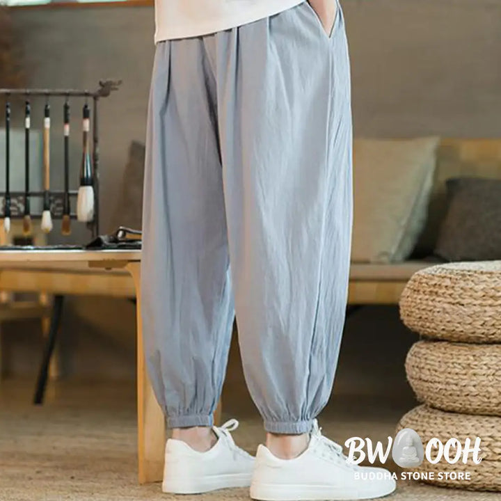 Buddha Stones Plain Color Red Drawstring Linen Men’s Pants With Pockets - Men’s Pants