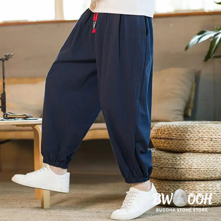 Buddha Stones Plain Color Red Drawstring Linen Men’s Pants With Pockets - Men’s Pants