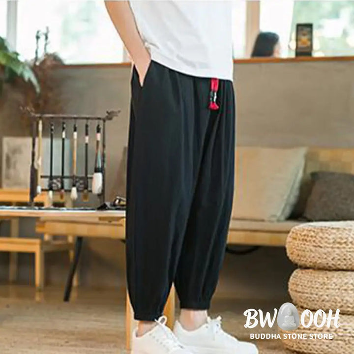 Buddha Stones Plain Color Red Drawstring Linen Men’s Pants With Pockets - Men’s Pants