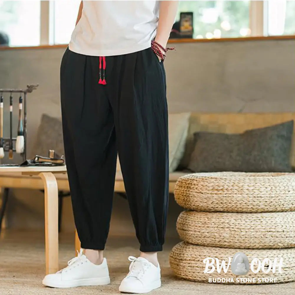 Buddha Stones Plain Color Red Drawstring Linen Men’s Pants With Pockets - Men’s Pants