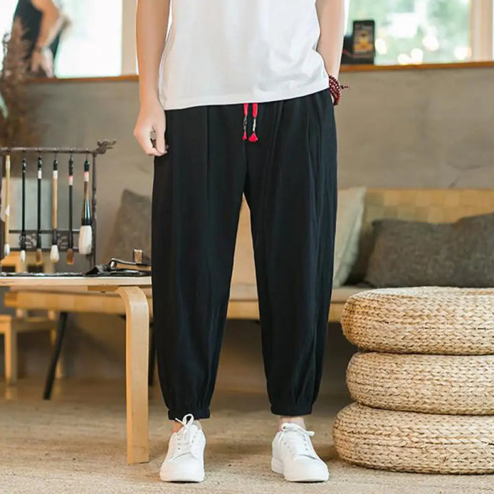 Buddha Stones Plain Color Red Drawstring Linen Men’s Pants With Pockets - Black / US/UK/AU36，EU46 (L) - Men’s Pants
