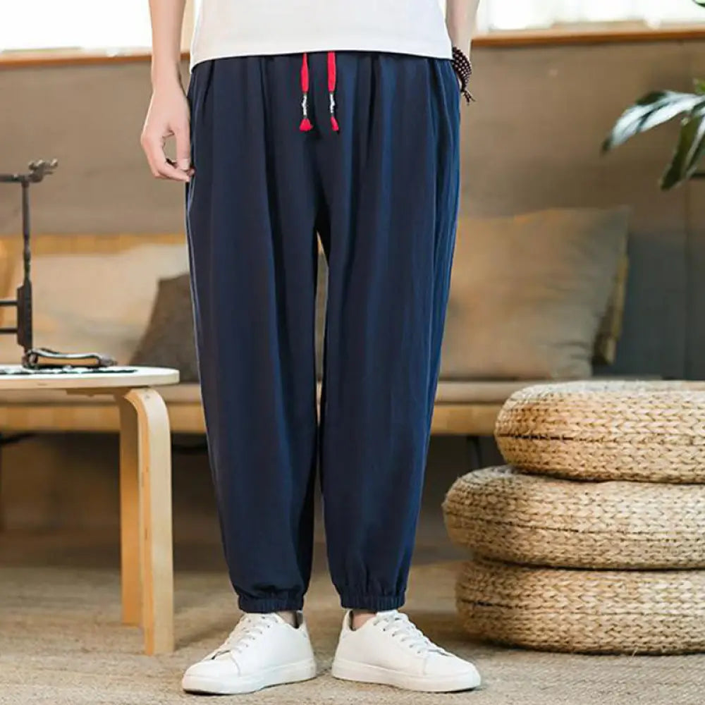 Buddha Stones Plain Color Red Drawstring Linen Men’s Pants With Pockets - DarkBlue / US/UK/AU36，EU46 (L) - Men’s Pants
