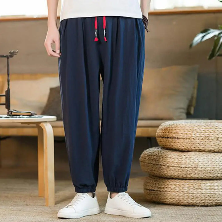 Buddha Stones Plain Color Red Drawstring Linen Men’s Pants With Pockets - DarkBlue / US/UK/AU36，EU46 (L) - Men’s Pants