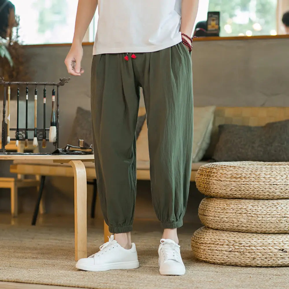 BWOOOH printed yoga pants - Plain Color Red Drawstring Linen Men&