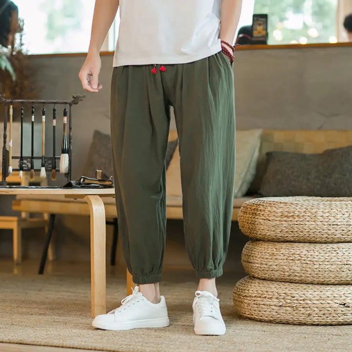 BWOOOH printed yoga pants - Plain Color Red Drawstring Linen Men&