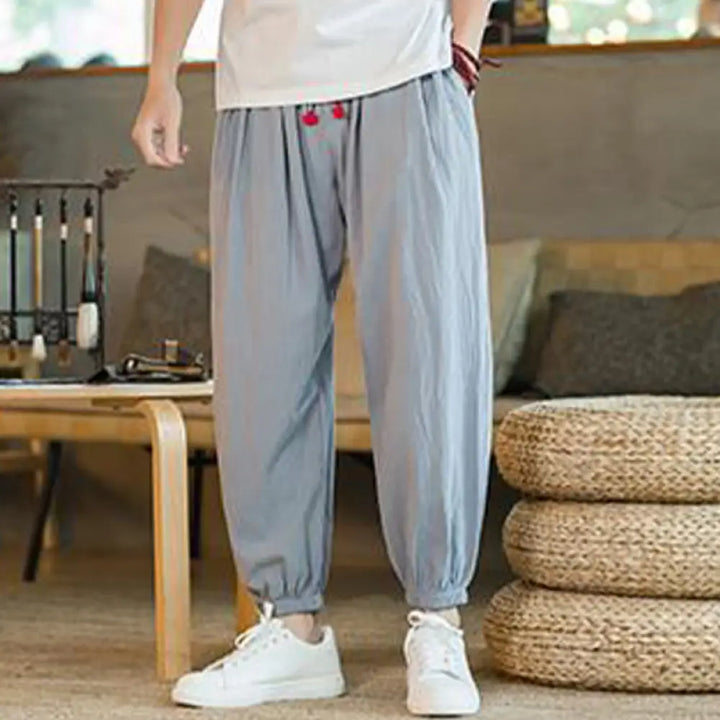 Buddha Stones Plain Color Red Drawstring Linen Men’s Pants With Pockets - LightSkyBlue / US/UK/AU36，EU46 (L) - Men’s