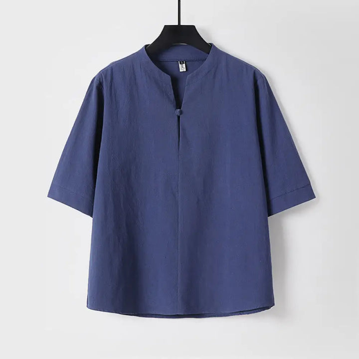 Buddha Stones Plain Color Three Quarter Sleeve One Button Cotton Linen Men’s Shirt - DarkBlue / US/UK/AU36，EU46 (L)