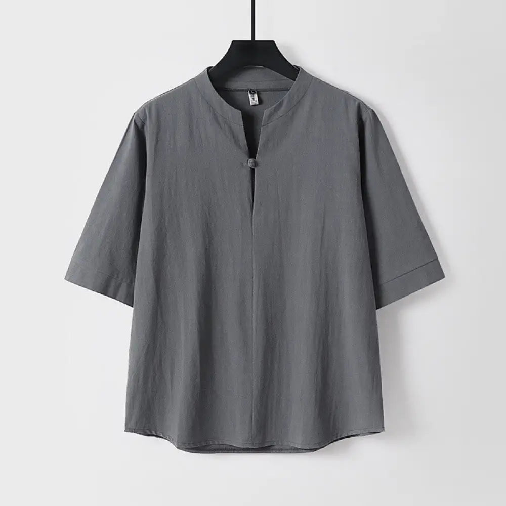 Buddha Stones Plain Color Three Quarter Sleeve One Button Cotton Linen Men’s Shirt - Gray / US/UK/AU36，EU46 (L) - Men’s