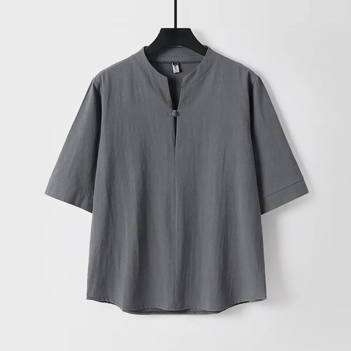 Buddha Stones Plain Color Three Quarter Sleeve One Button Cotton Linen Men’s Shirt - Gray / US/UK/AU36，EU46 (L) - Men’s