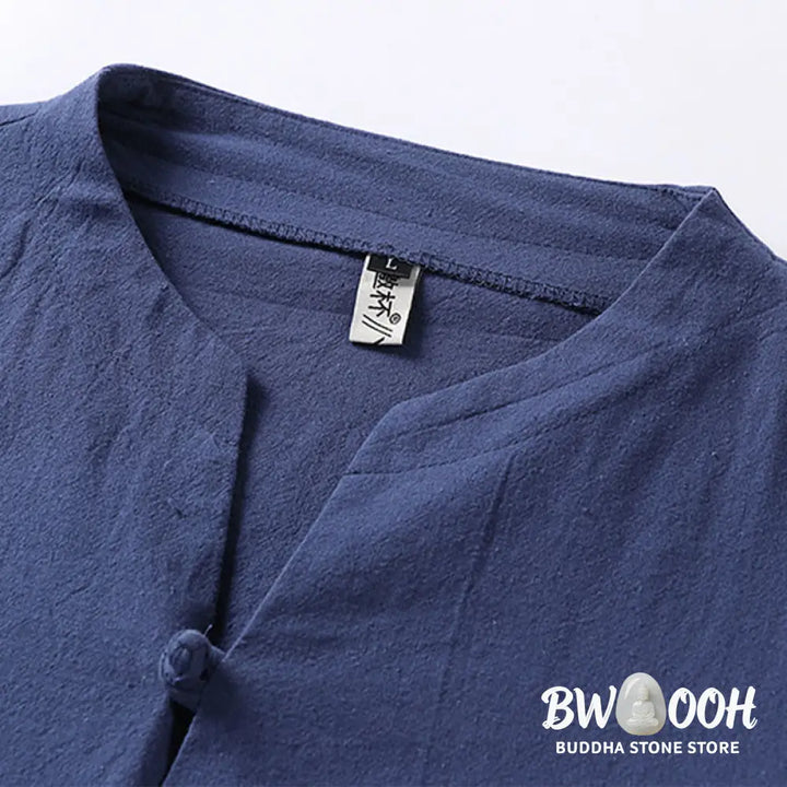 Buddha Stones Plain Color Three Quarter Sleeve One Button Cotton Linen Men’s Shirt - Men’s Shirts