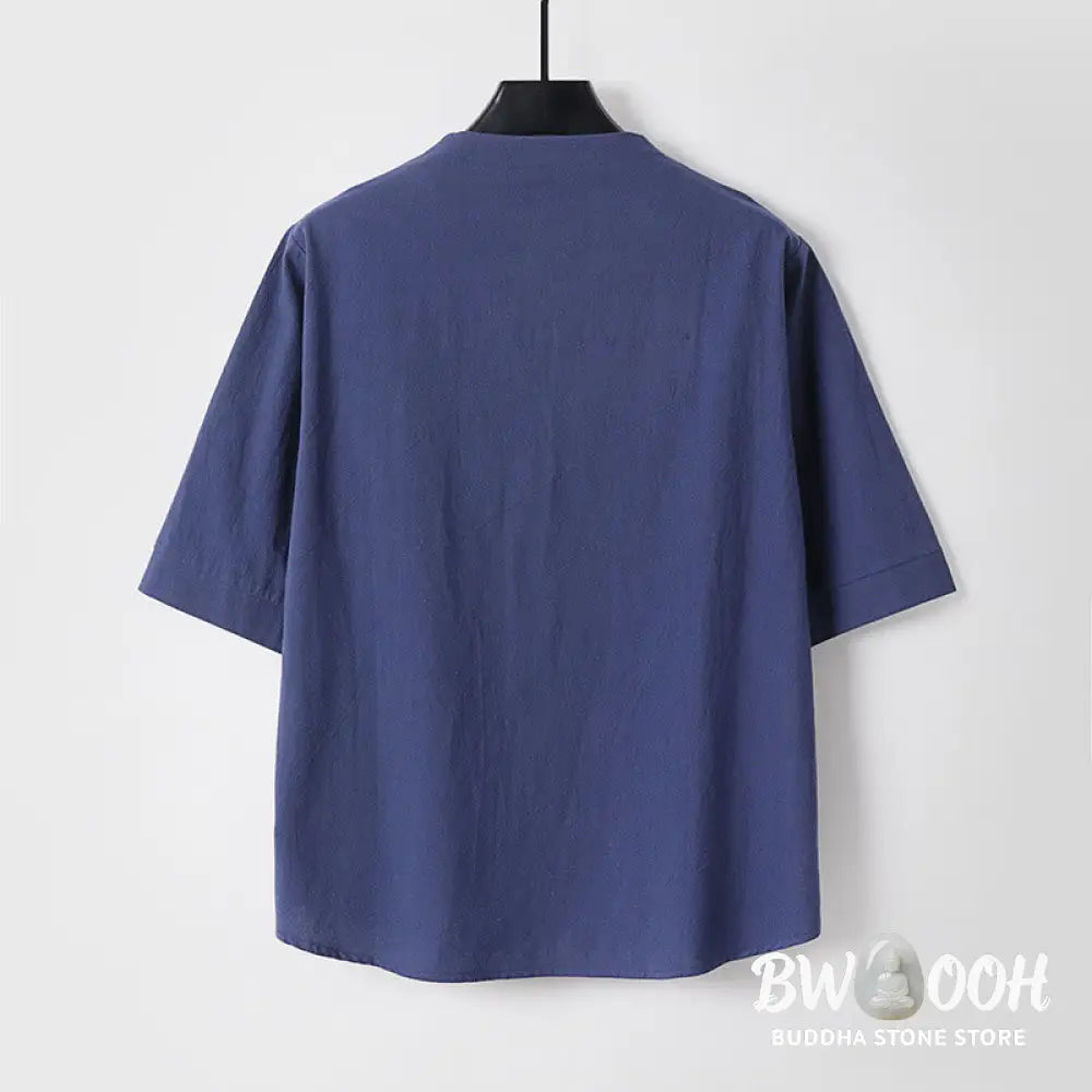 Buddha Stones Plain Color Three Quarter Sleeve One Button Cotton Linen Men’s Shirt - Men’s Shirts