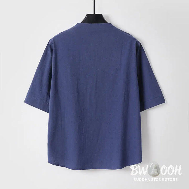 Buddha Stones Plain Color Three Quarter Sleeve One Button Cotton Linen Men’s Shirt - Men’s Shirts