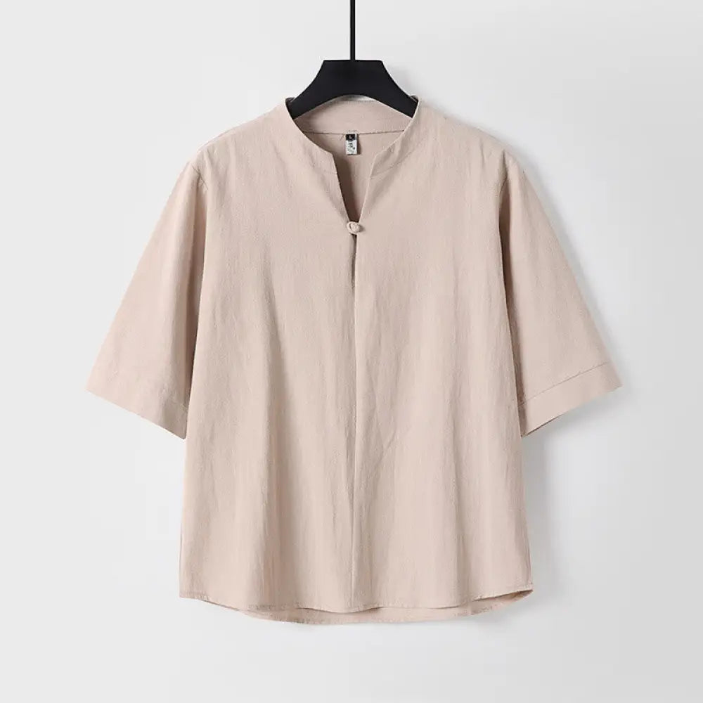 Buddha Stones Plain Color Three Quarter Sleeve One Button Cotton Linen Men’s Shirt - Wheat / US/UK/AU36，EU46 (L)