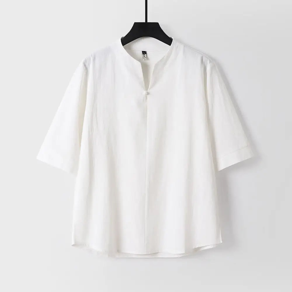 Buddha Stones Plain Color Three Quarter Sleeve One Button Cotton Linen Men’s Shirt - White / US/UK/AU36，EU46 (L)