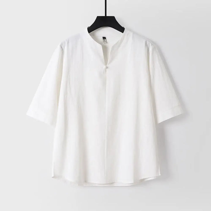 Buddha Stones Plain Color Three Quarter Sleeve One Button Cotton Linen Men’s Shirt - White / US/UK/AU36，EU46 (L)
