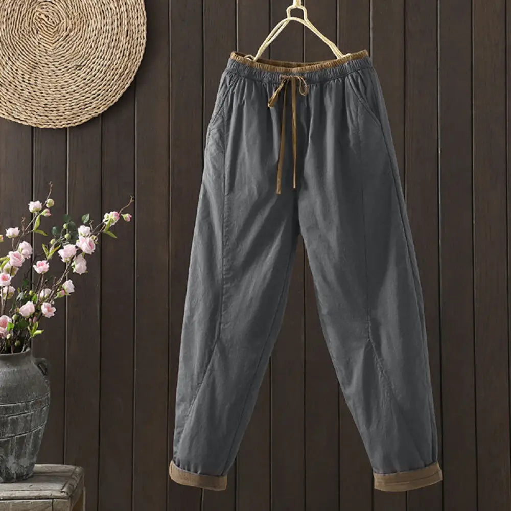 Buddha Stones Plain Cotton Women’s Harem Thermal Pants With Pockets - DimGray / US4，UK/AU8，EU36 (L) - Women’s Harem