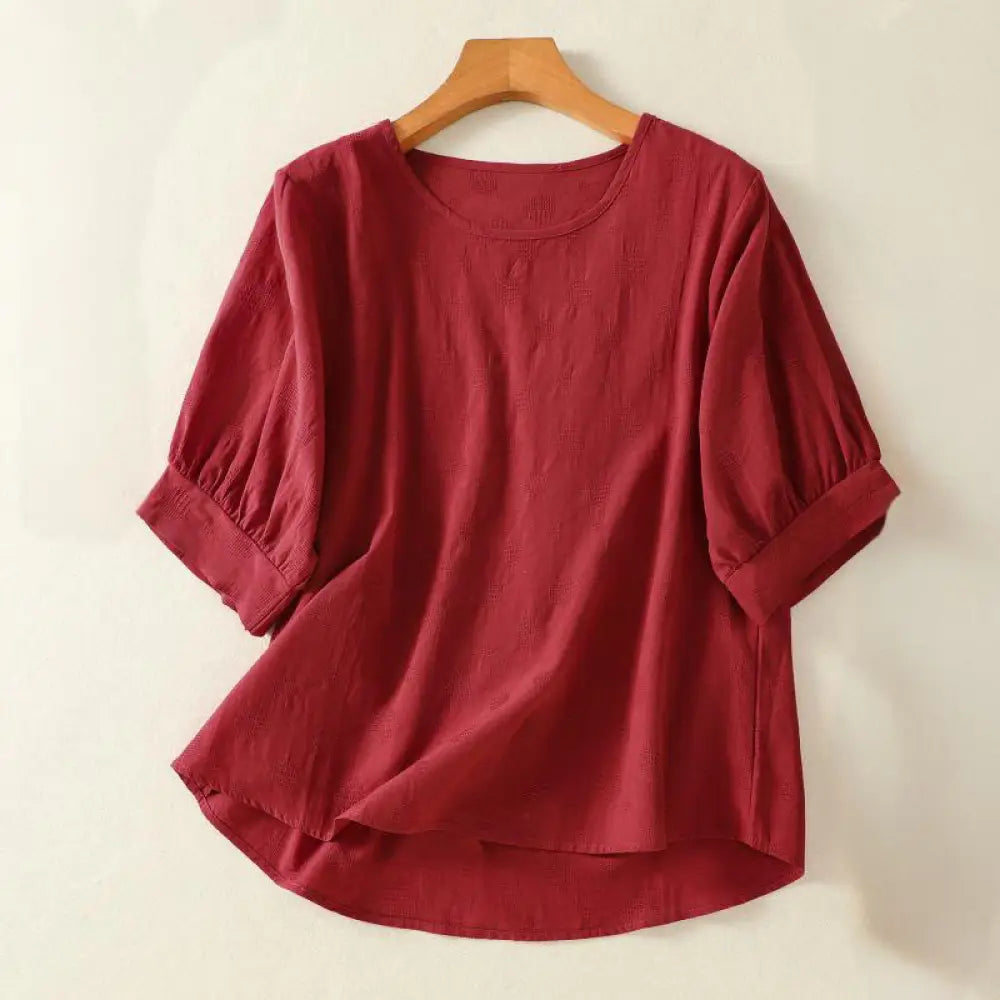 Buddha Stones Plain Crew Neck Design Women’s Cotton Loose Short Sleeves Shirt - Brown / US4，UK/AU8，EU36 (L) - Women’s