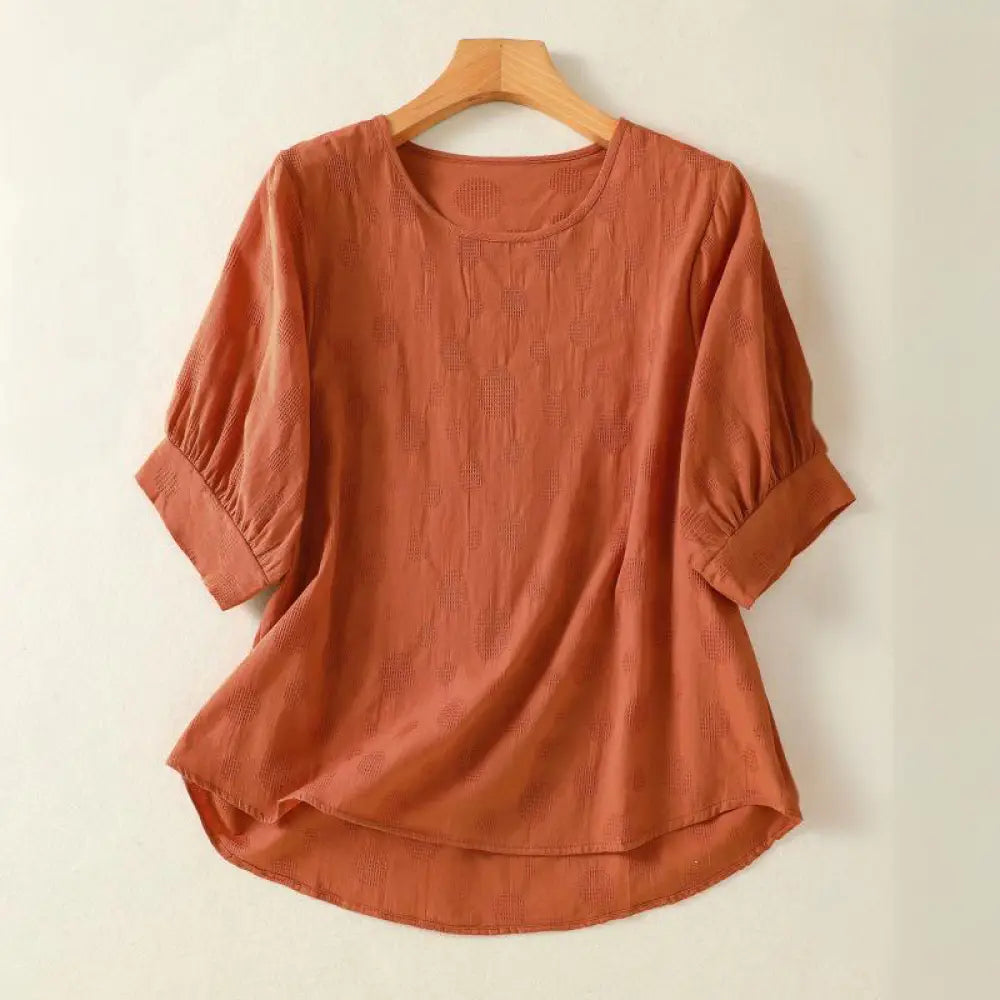 Buddha Stones Plain Crew Neck Design Women’s Cotton Loose Short Sleeves Shirt - DarkOrange / US4，UK/AU8，EU36 (L)