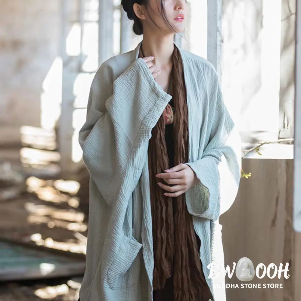 Buddha Stones Plain Design Long Sleeve Coat Zen Meditation Open Front Top Cotton Jacket - Coat