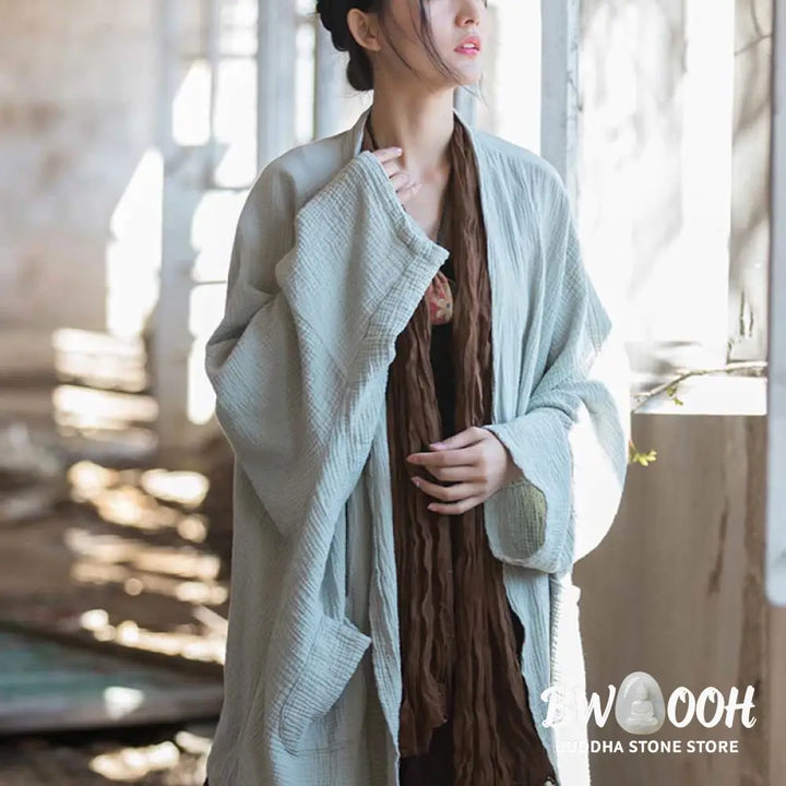 Buddha Stones Plain Design Long Sleeve Coat Zen Meditation Open Front Top Cotton Jacket - Coat