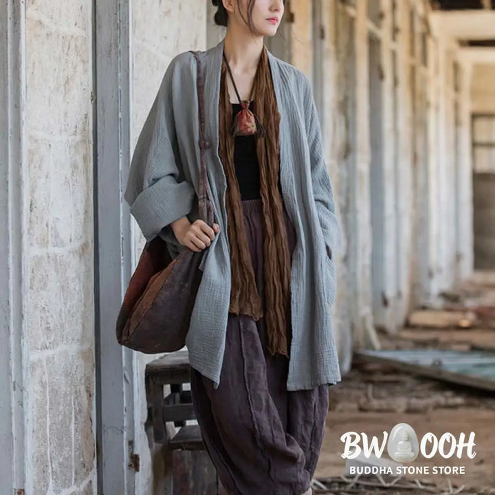 Buddha Stones Plain Design Long Sleeve Coat Zen Meditation Open Front Top Cotton Jacket - Coat