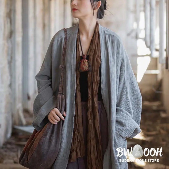 Buddha Stones Plain Design Long Sleeve Coat Zen Meditation Open Front Top Cotton Jacket - Coat