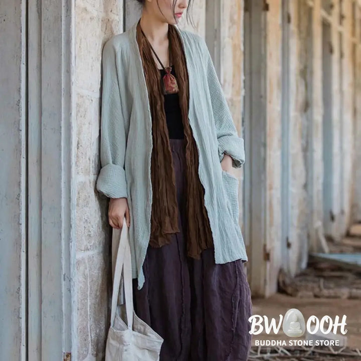 Buddha Stones Plain Design Long Sleeve Coat Zen Meditation Open Front Top Cotton Jacket - Coat
