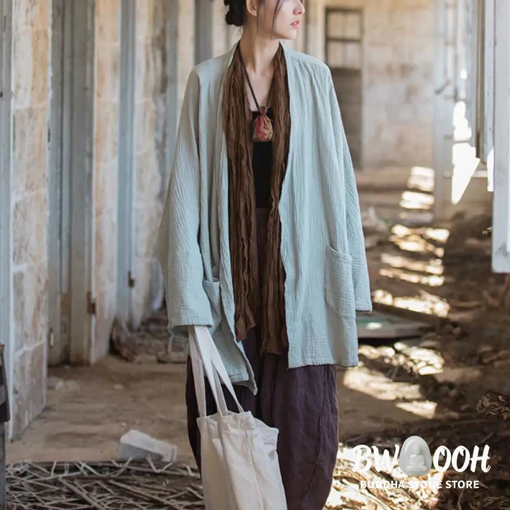 Buddha Stones Plain Design Long Sleeve Coat Zen Meditation Open Front Top Cotton Jacket - Coat