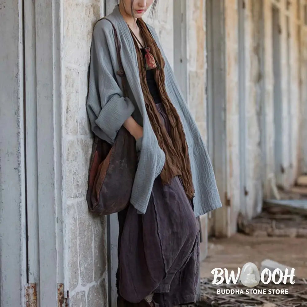 Buddha Stones Plain Design Long Sleeve Coat Zen Meditation Open Front Top Cotton Jacket - Coat