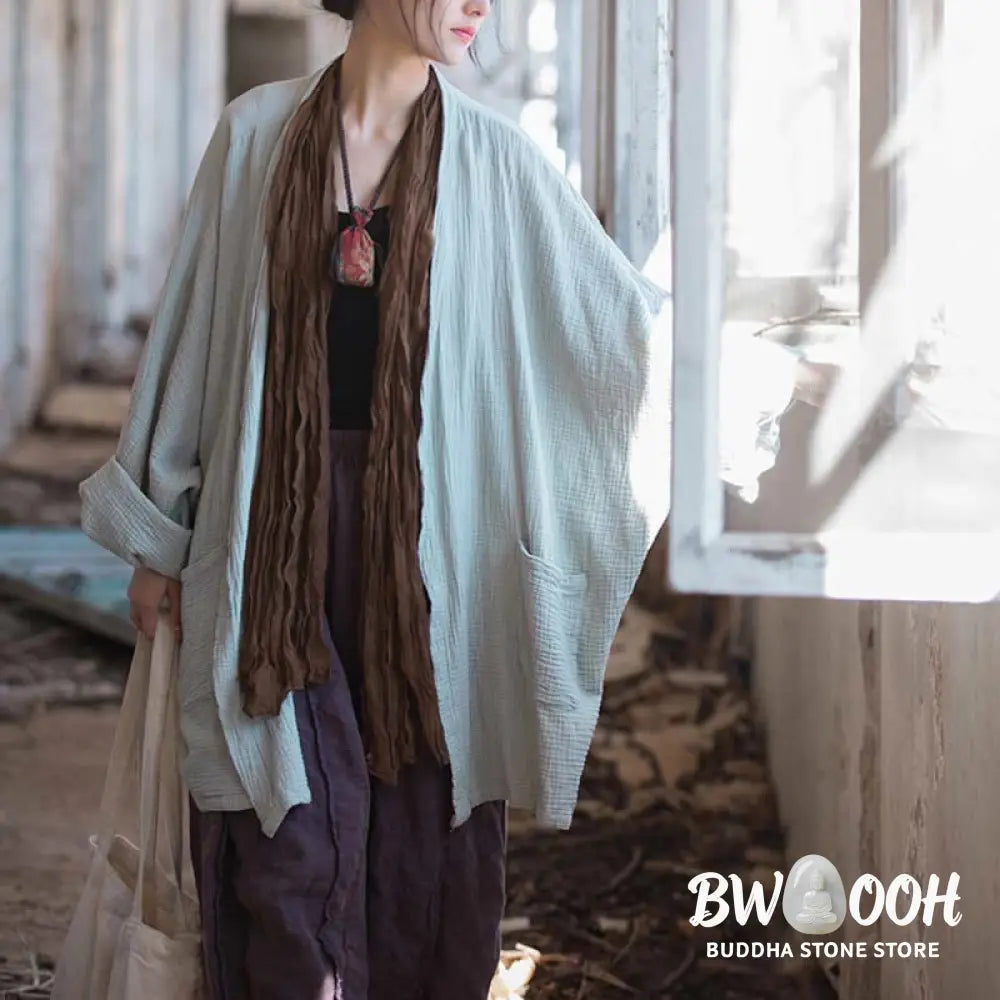 Buddha Stones Plain Design Long Sleeve Coat Zen Meditation Open Front Top Cotton Jacket - Coat