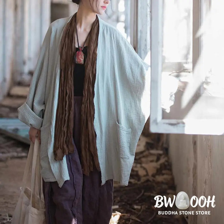 Buddha Stones Plain Design Long Sleeve Coat Zen Meditation Open Front Top Cotton Jacket - Coat