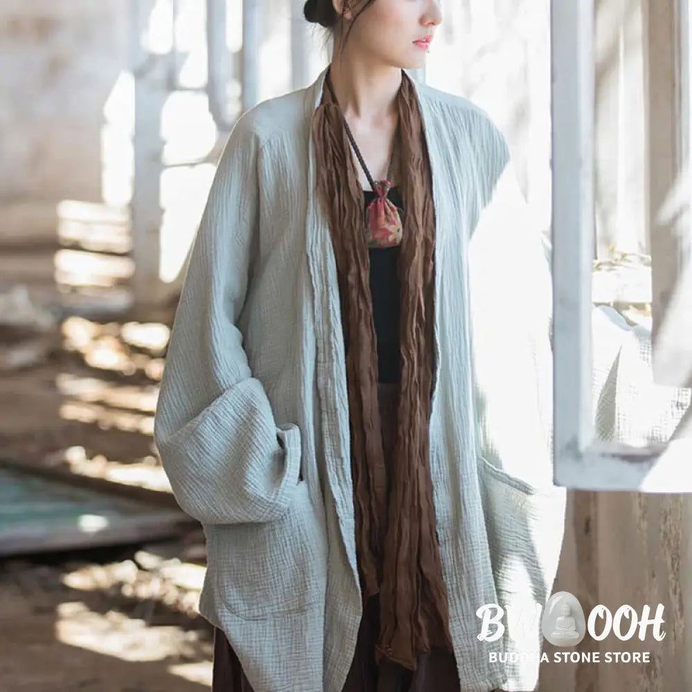Buddha Stones Plain Design Long Sleeve Coat Zen Meditation Open Front Top Cotton Jacket - Coat